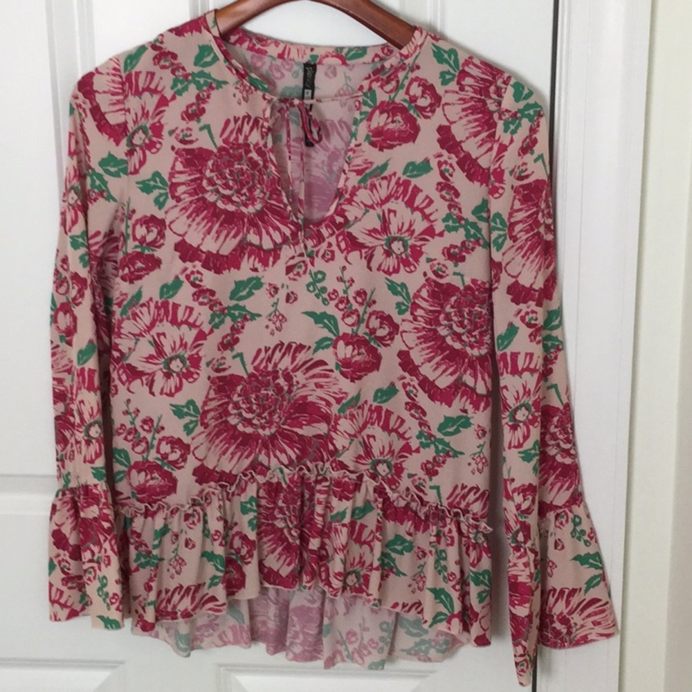 Plenty by Tracy Reese Floral Tie Neck Blouse Ruffle Bell Sleeve Pink Green
